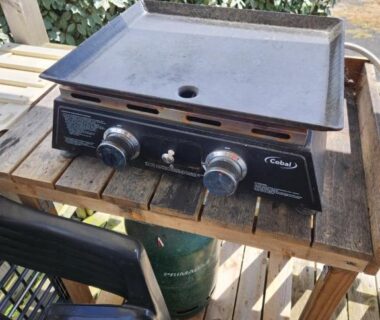Terrasse en bois avec plancha à gaz posée sur étagère au sol a gogo 3 ch